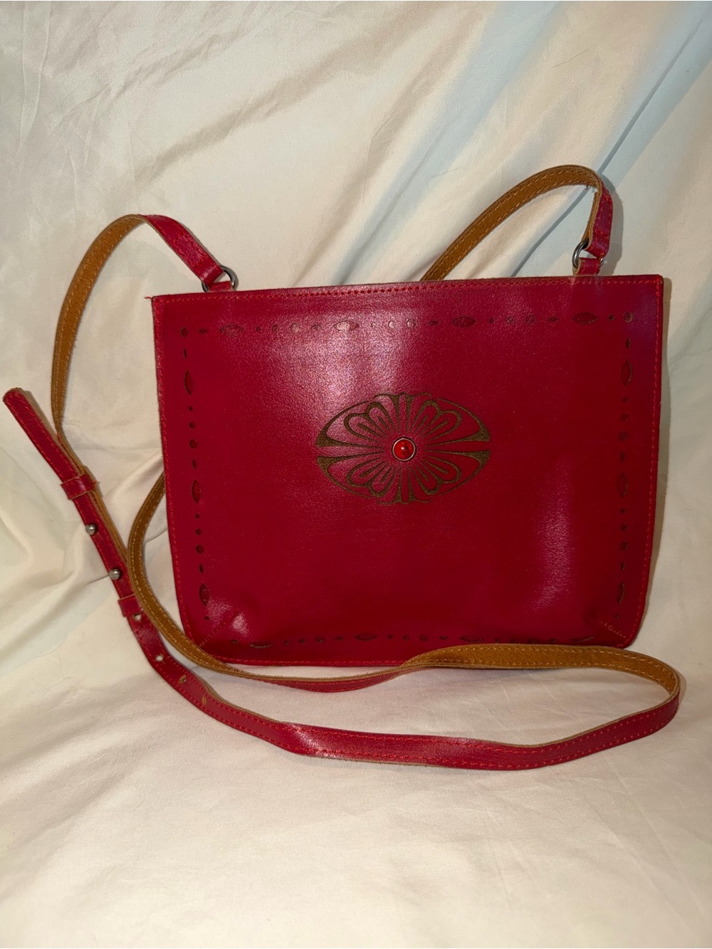 Red Leather Floral Accent Crossbody Bag
